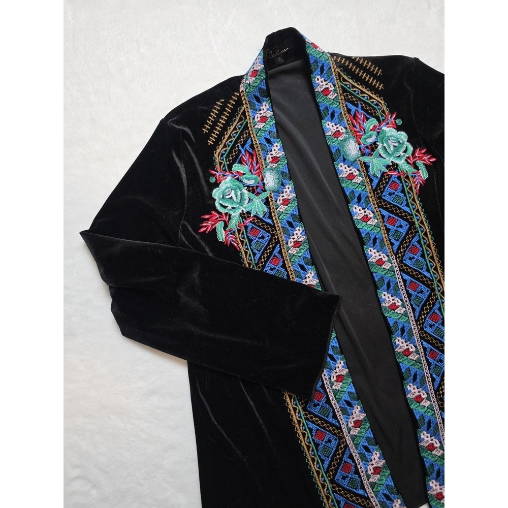 Calessa Kimono Embroidered Velvet Jacket Aztec Long Sleeve Oversized Boho Small